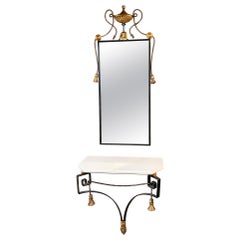 Console italienne Palladio Furniture avec pampilles et miroir dorés avec crête d'urne