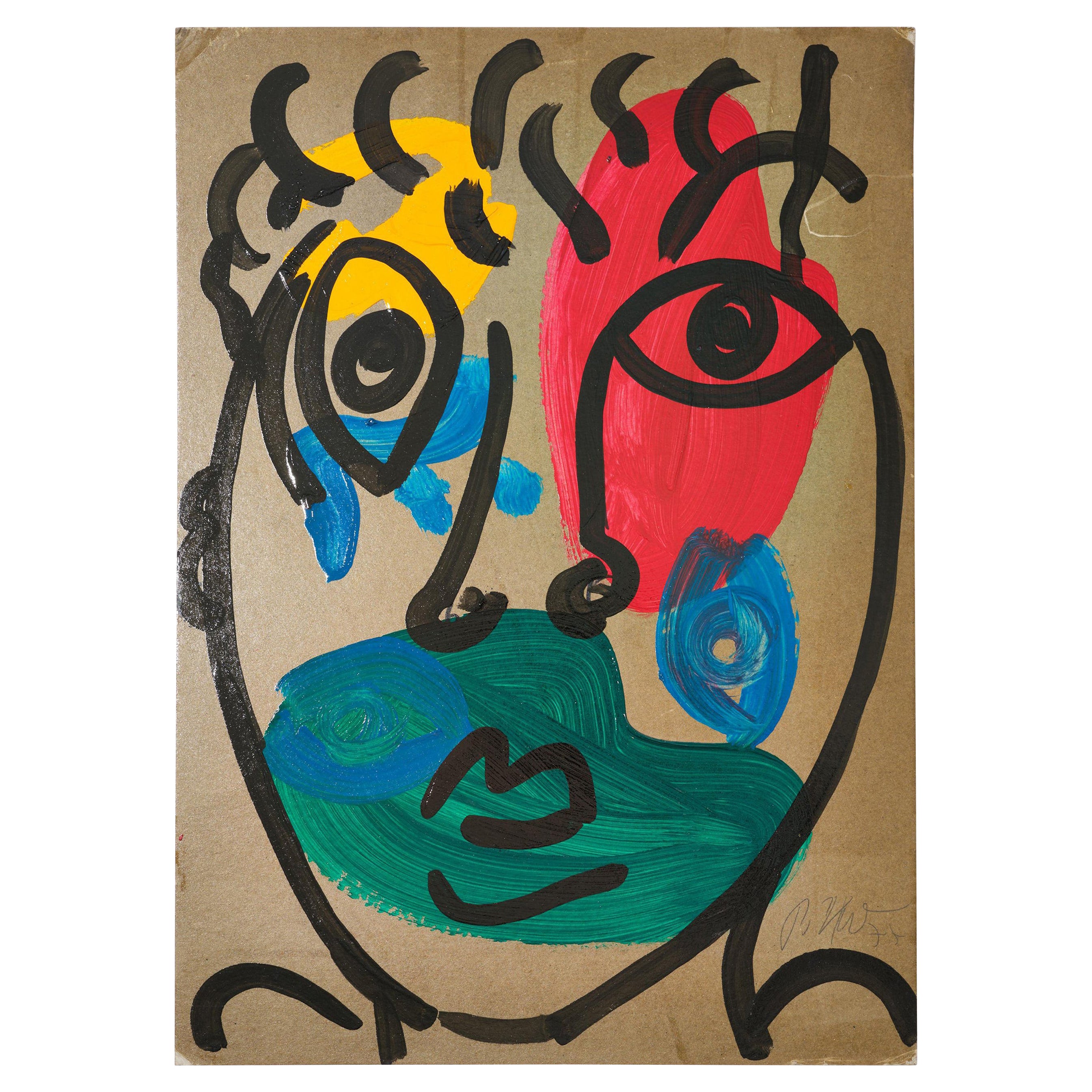 Pittura di Peter Keil, Acrilico su carta, Rosso/Blu/Green/Giallo, C.C. 1977, Germania