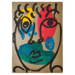 Painting by Peter Keil, Acrylic On Paper, Red/Blue/Green/Yellow, C 1977, Germany