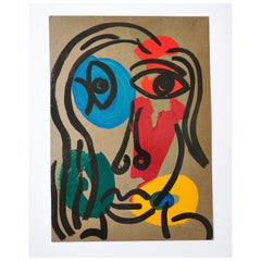 Painting by Peter Keil, C 1970, Acrylic On Paper, Face of a Lady, Red/Blue/Green