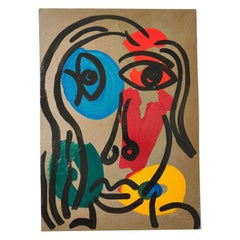 Painting by Peter Keil, Acrylic On Paper, Face of a Lady, C 1970, Red/Blue/Green