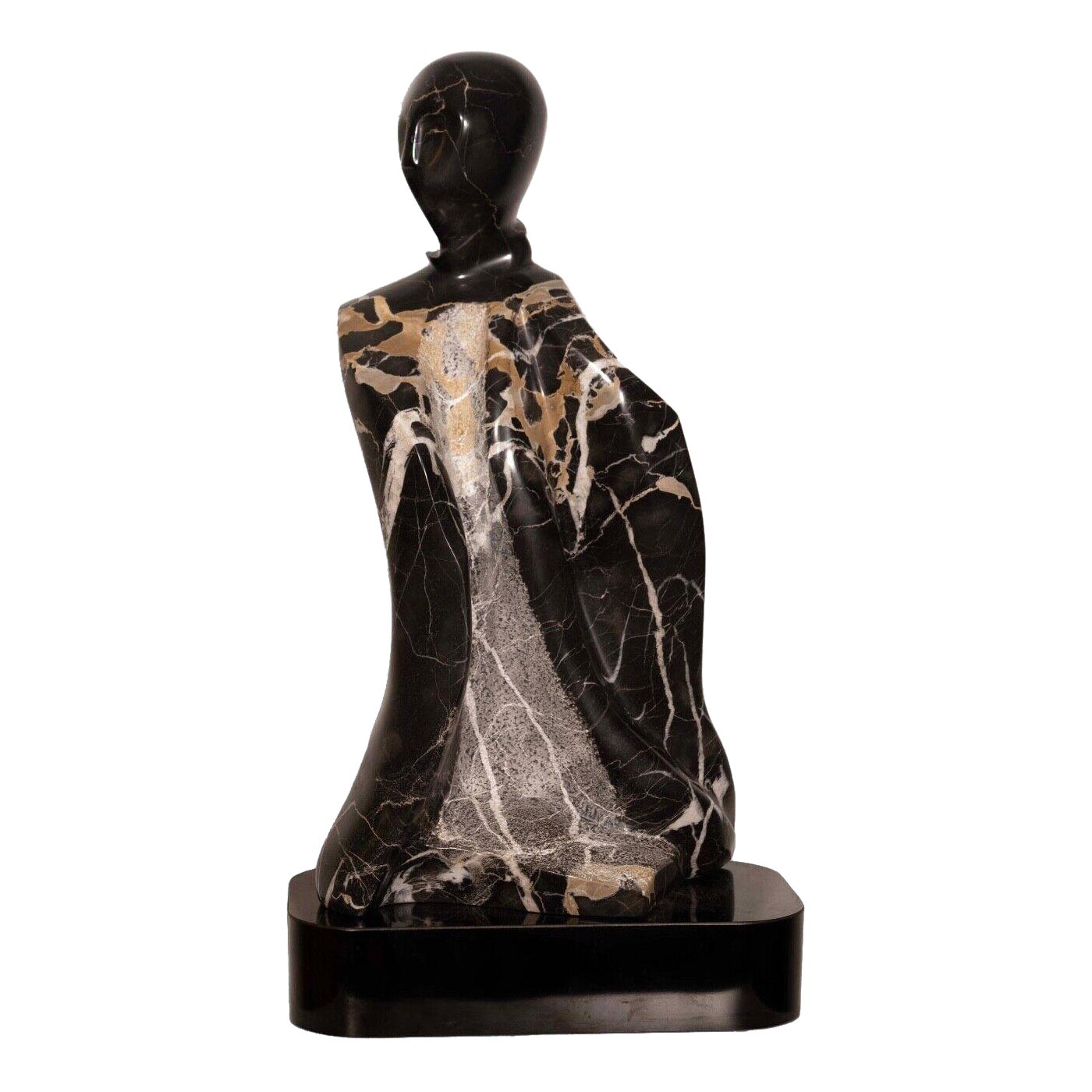 Contemporary Black Marble Abstract Figurative Sculpture on Base Signed Lora Ross