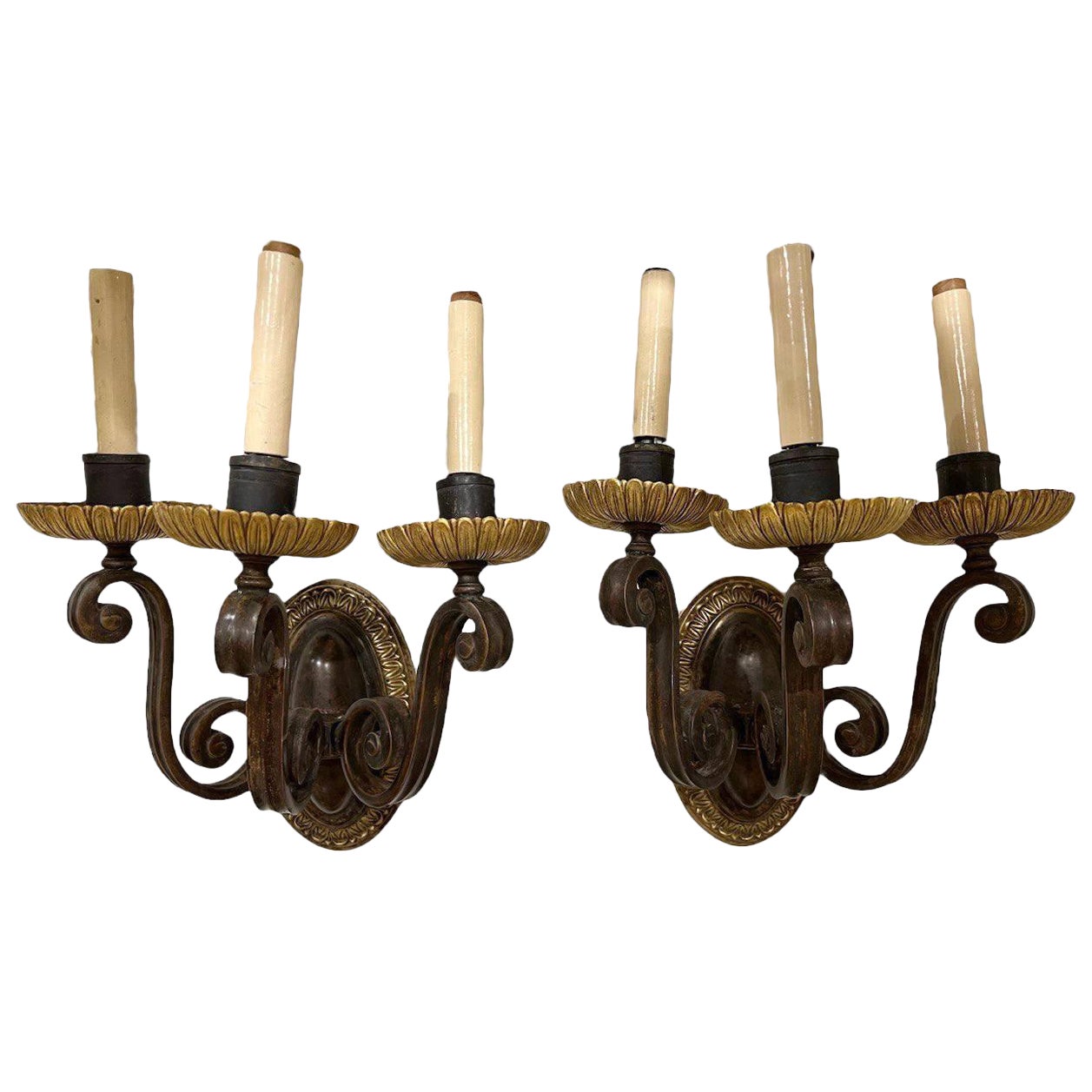 1920’s Caldwell Brown and Gold Three lights Sconces For Sale