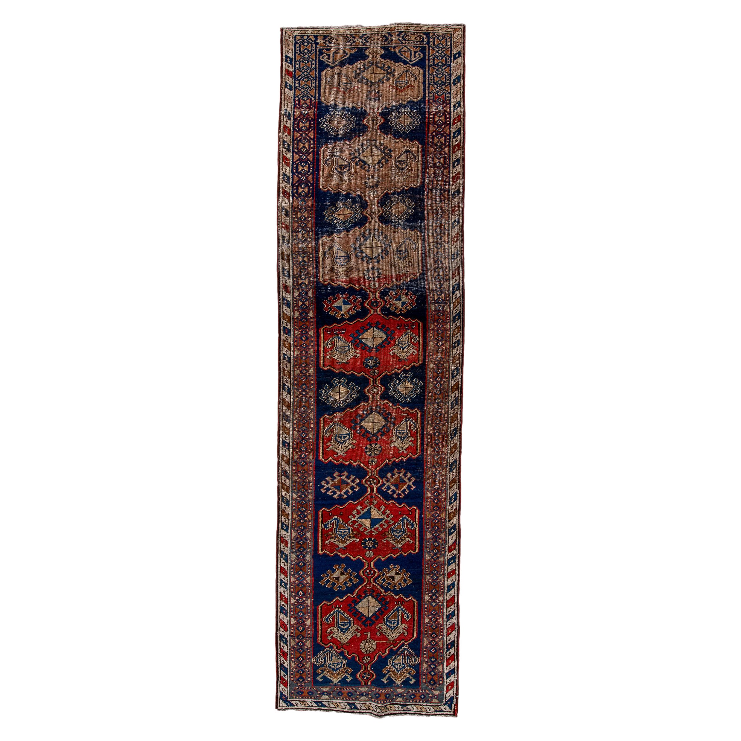 Antique Bidjar Runner with Royal Blue Field with Ivory and Red Designs For Sale