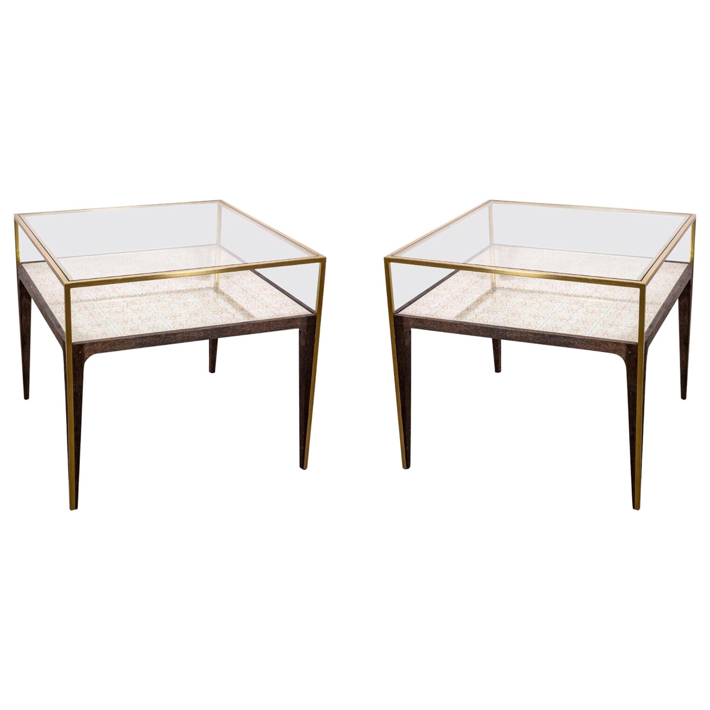 Mid Century Modern Style Pair of Arhaus Square Glass Wood Brass Side End Tables