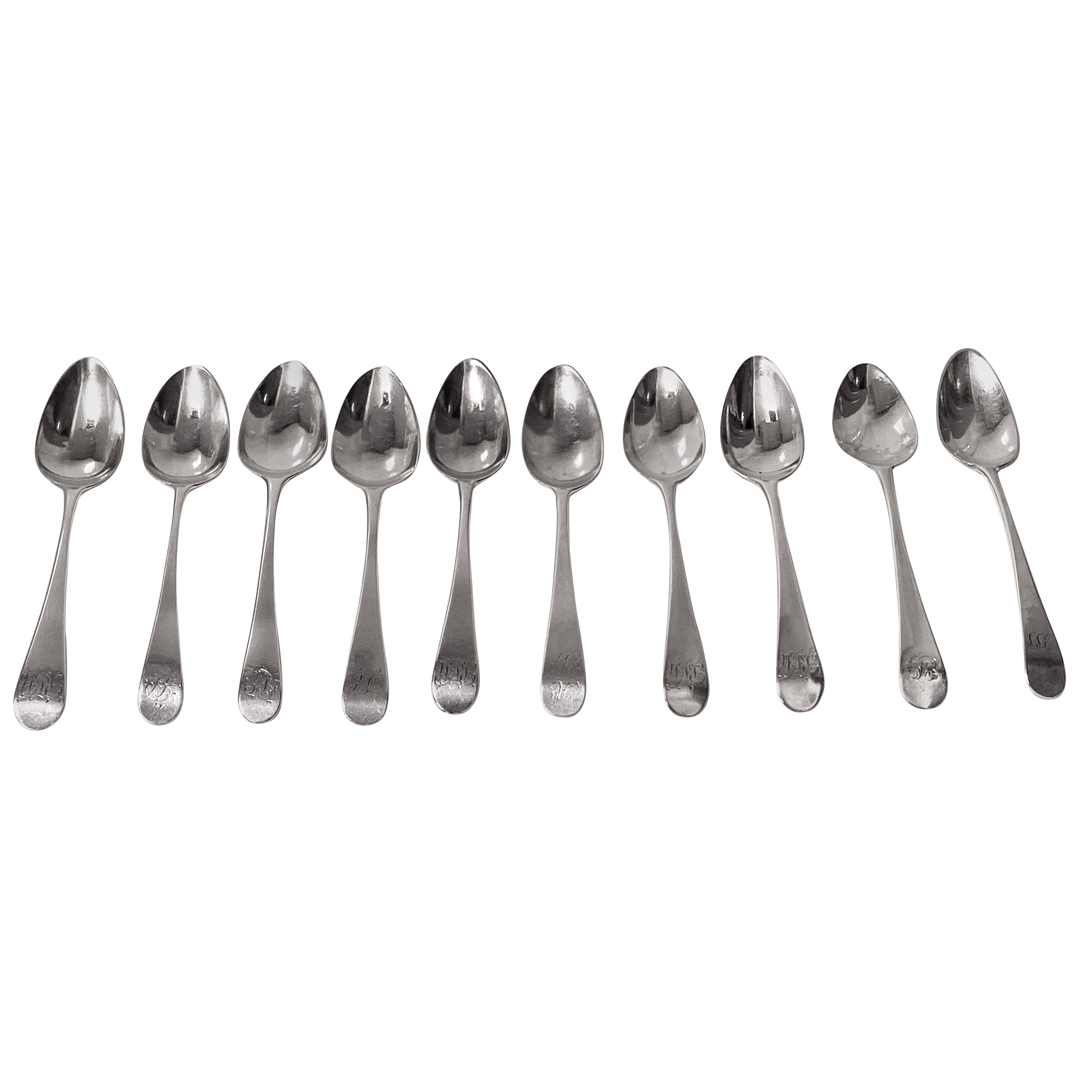 Set 10 Georgian Silver Teaspoons London 1801-13 mixed Peter Ann and William Bate For Sale