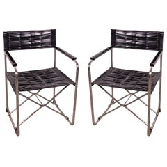 Vintage Mid Century Modern Pair of Folding Leather and Chrome Italian Director Chairs
