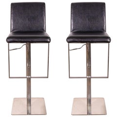 Pair of Contemporary Modern Chrome and Black Leather Barstools Adjustable Height