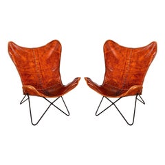Used Mid Century Modern Style Pair of Rustic Leather Butterfly Accent Chairs