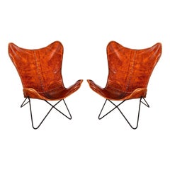 Mid Century Modern Style Pair of Rustic Leather Butterfly Accent Chairs