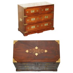 ANTIQUE 1920 HARDWOOD & BRASS INLAID CAMPAIGN CHEST OF DRAWERS SiDE TABLE SIZED