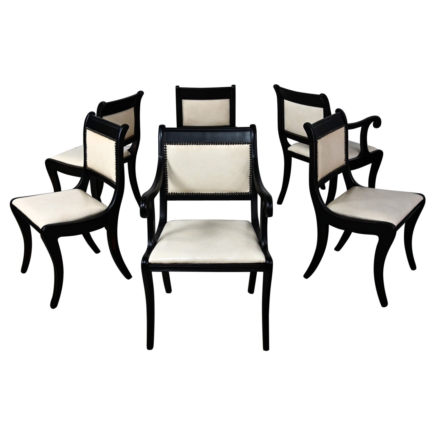 Mid 20th Regency Style Dining Chairs Off White Faux Leather Black Frames Set 6
