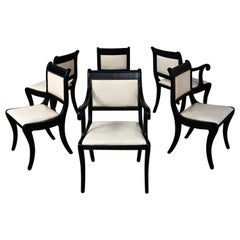 Retro Mid 20th Regency Style Dining Chairs Off White Faux Leather Black Frames Set 6