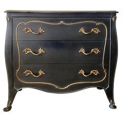 French Louis XV 3 Drawer Black Bombay Dresser Chest With Brass Mounts