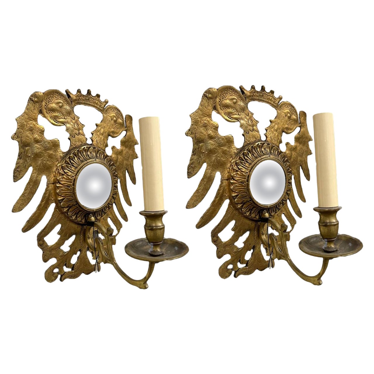 Eagle Design Gilt Bronze Sconces With Mirror For Sale