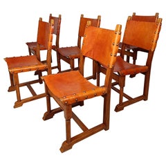 Antique Set of Six Rustic Italian Chairs in Cognac Studded Leather and solid Oak Wood 