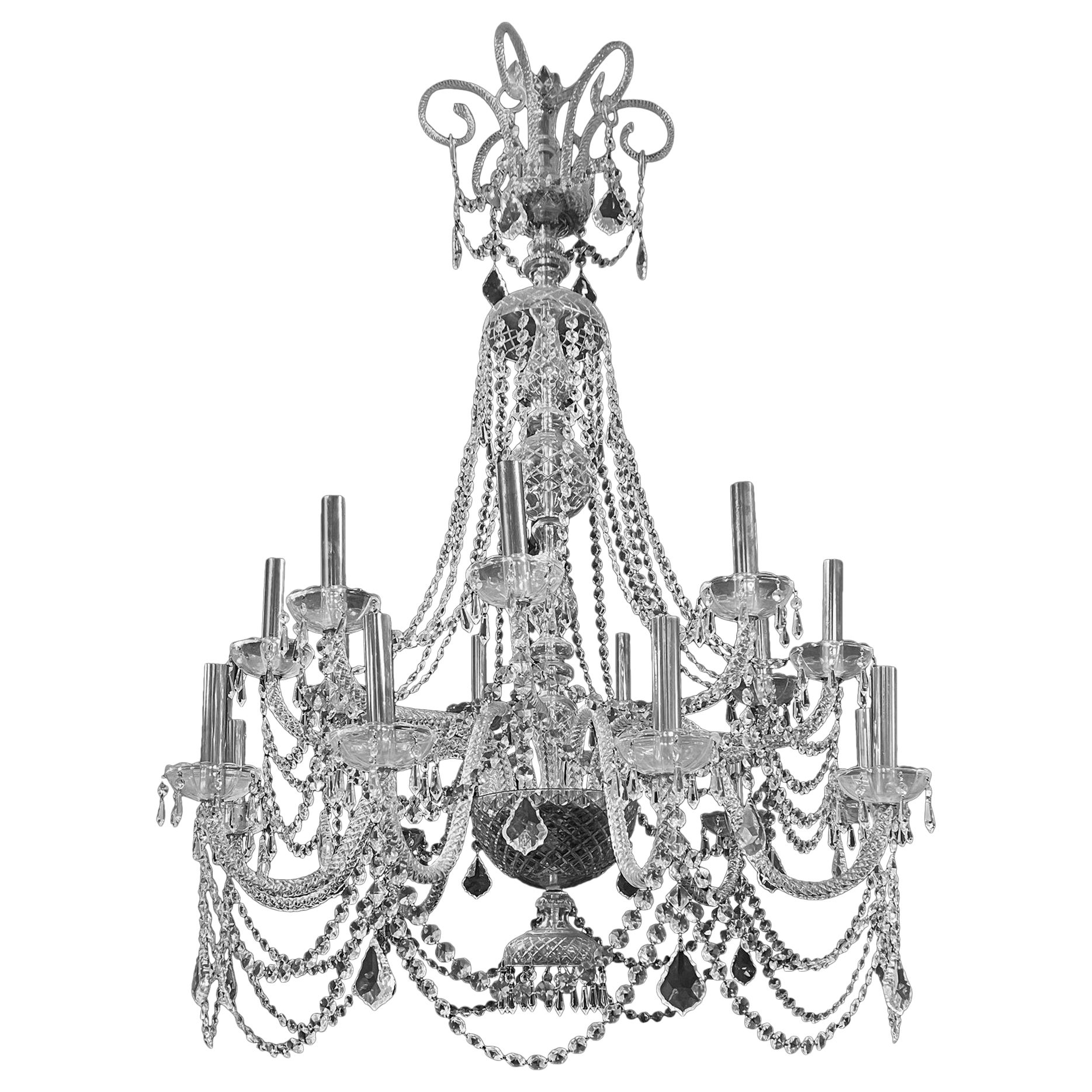 A large George III style cut glass chandelier, circa 1920 For Sale