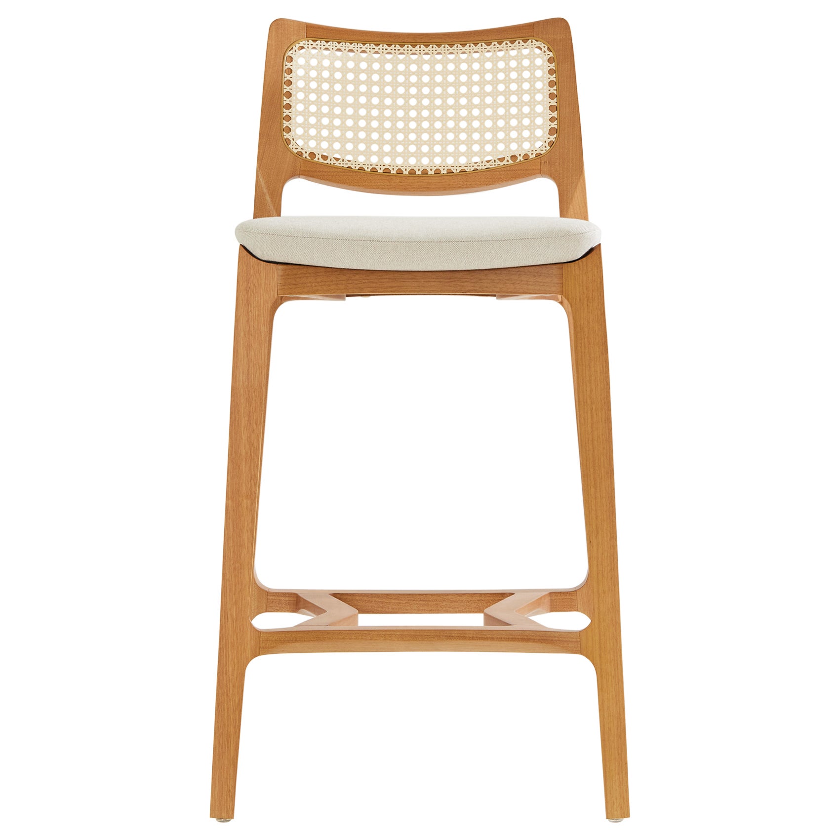 Aurora stool, light honey solid wood, natural caning back, cream textile seating For Sale