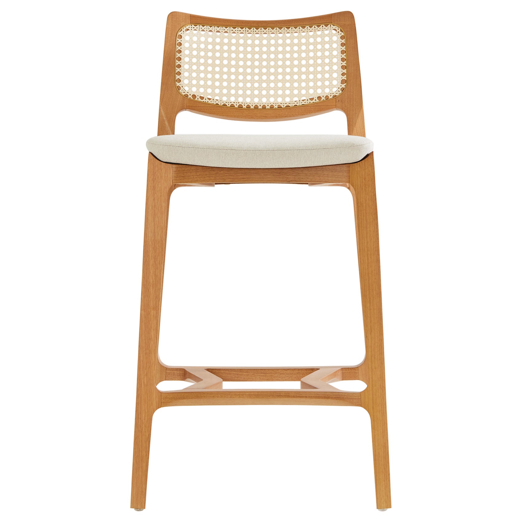 Sgabello Aurora, legno massiccio miele chiaro, schienale in canapa naturale, seduta in tessuto crema