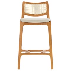 Aurora stool, light honey solid wood, natural caning back, cream textile seating