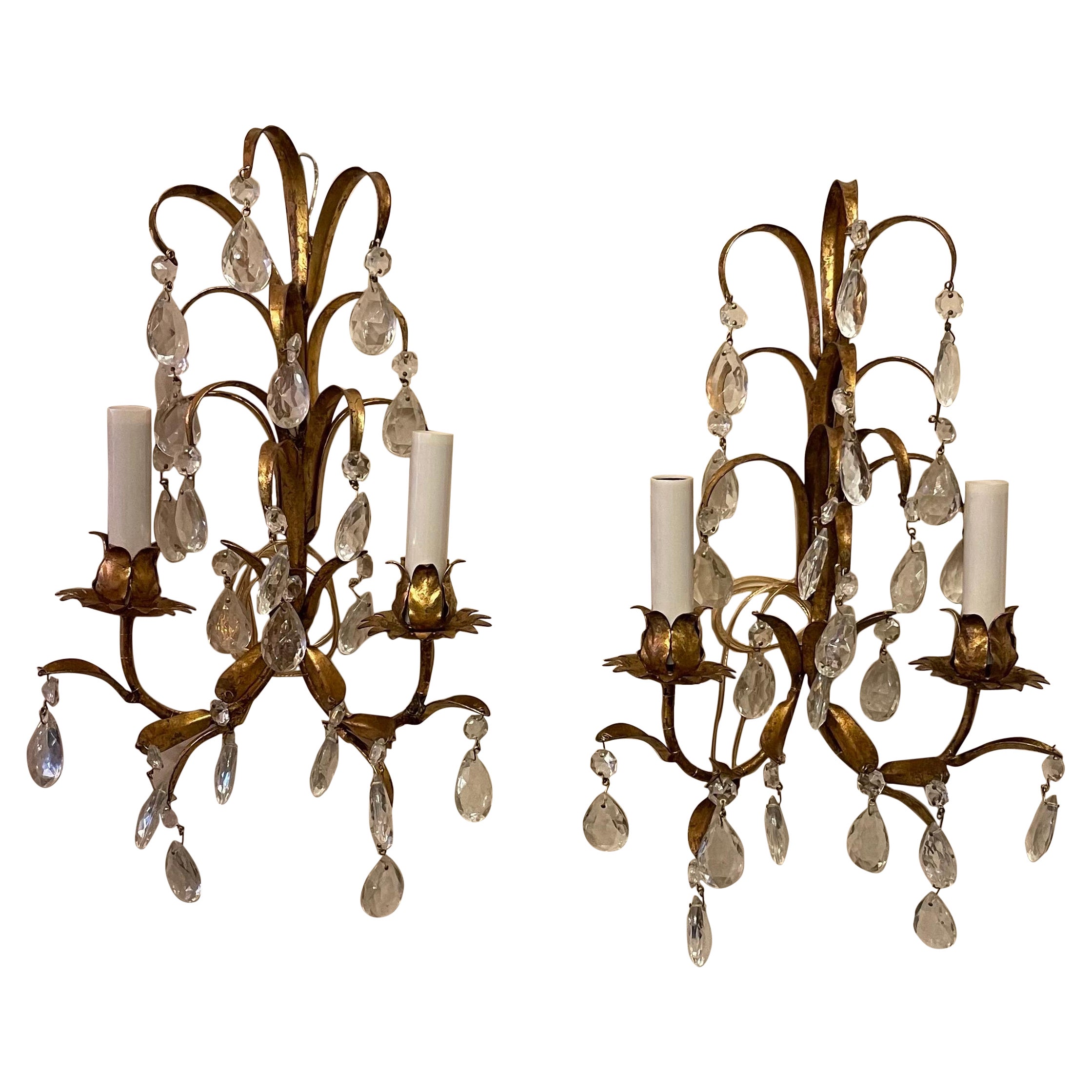 Beautiful Pair Italian Two-Light Tole Gold Gilded Leaf Crystal Drop Sconces  For Sale