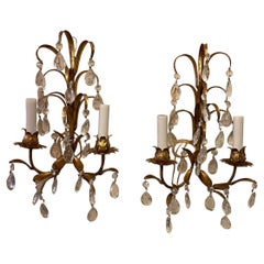 Beautiful Pair Italian Two-Light Tole Gold Gilded Leaf Crystal Drop Sconces 