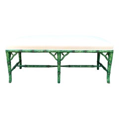 Upholstered Bench with Faux Painted Green Tortoise Faux Bamboo Frame