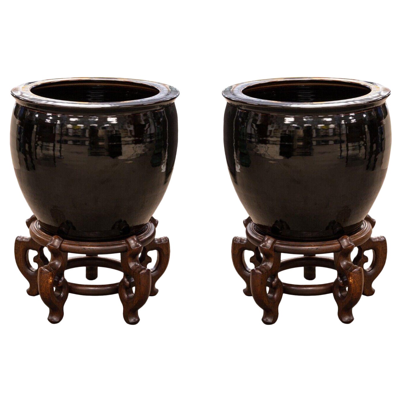 Pair of Modern Asian Urn Floor Ceramic Vases Black Glaze on Ornate Wooden Stands For Sale