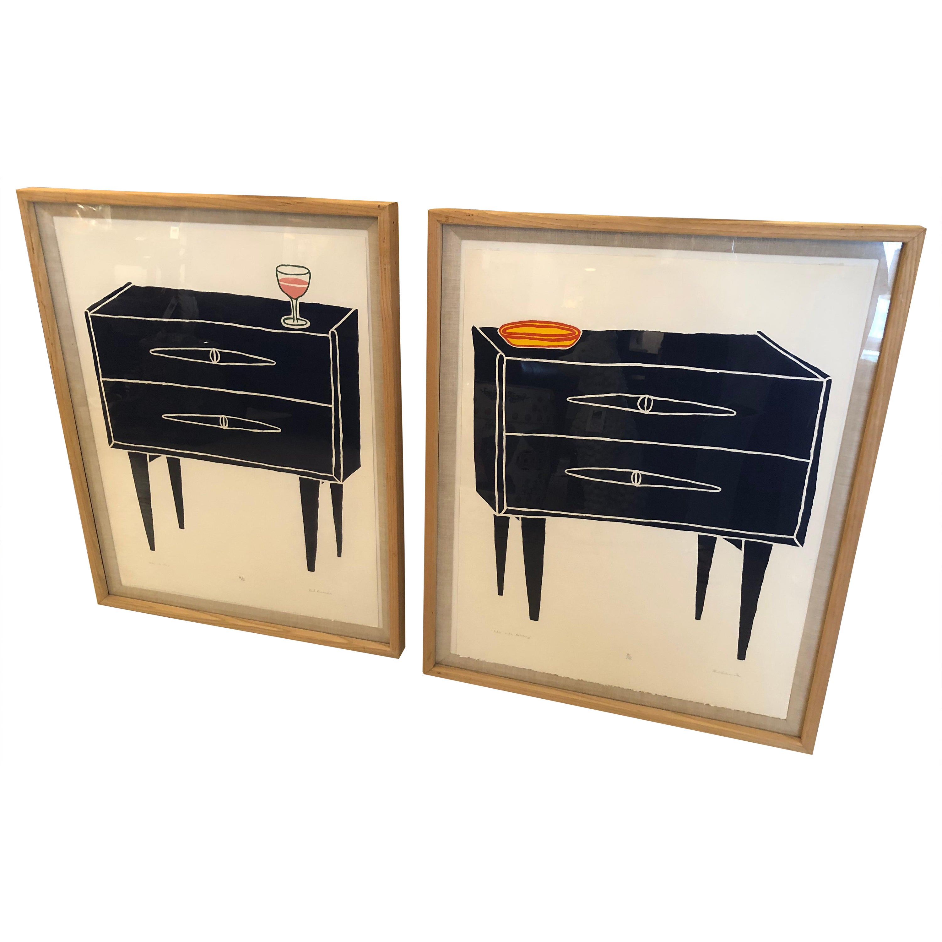 Eye Catching Pair of Contemporary Prints of Navy Blue Nightstands For Sale