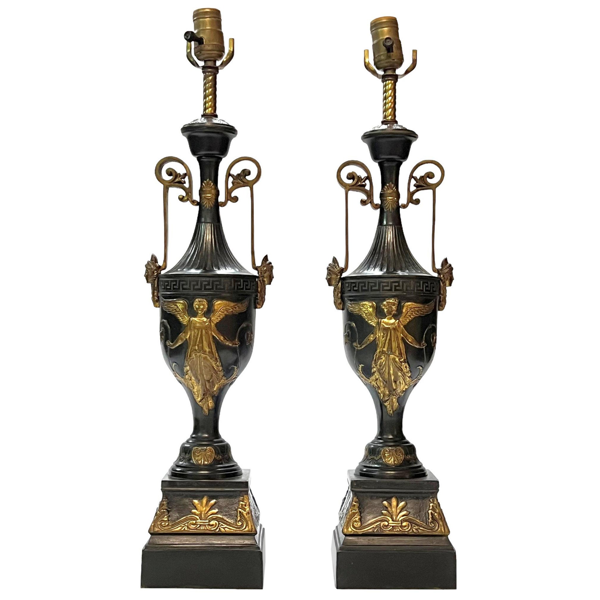 Pair Antique Neoclassical Patinated Bronze Table Lamps For Sale