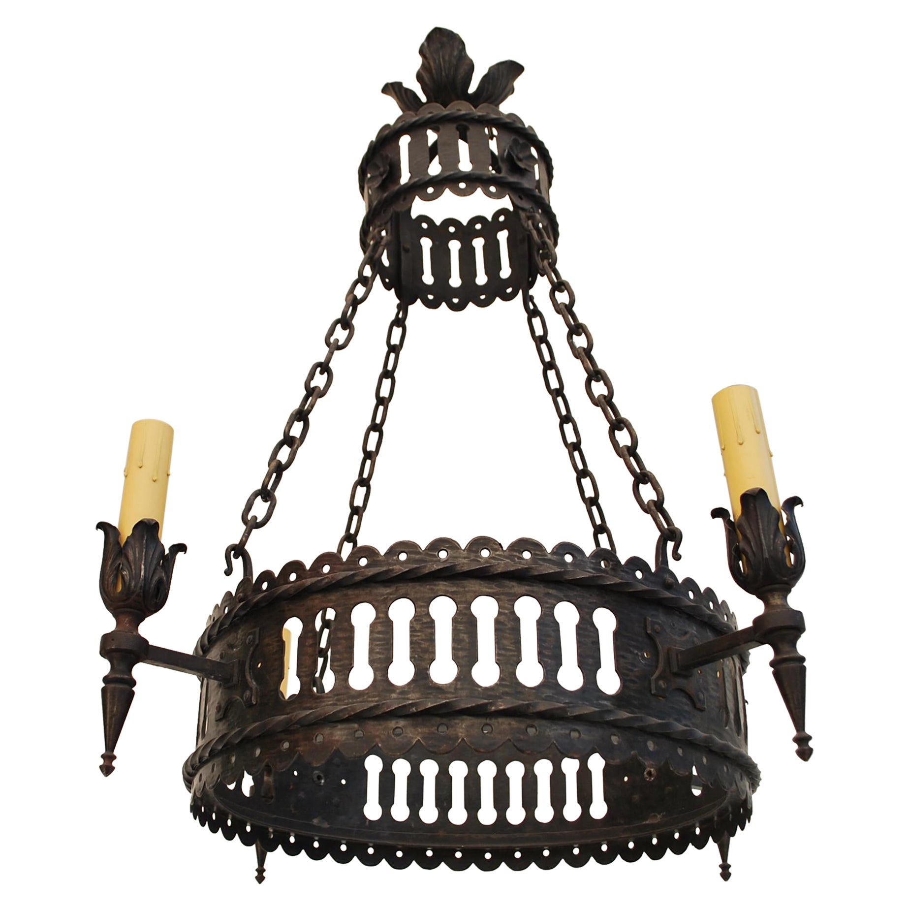 Elegant French 1920's all hands forged wrought iron chandelier For Sale