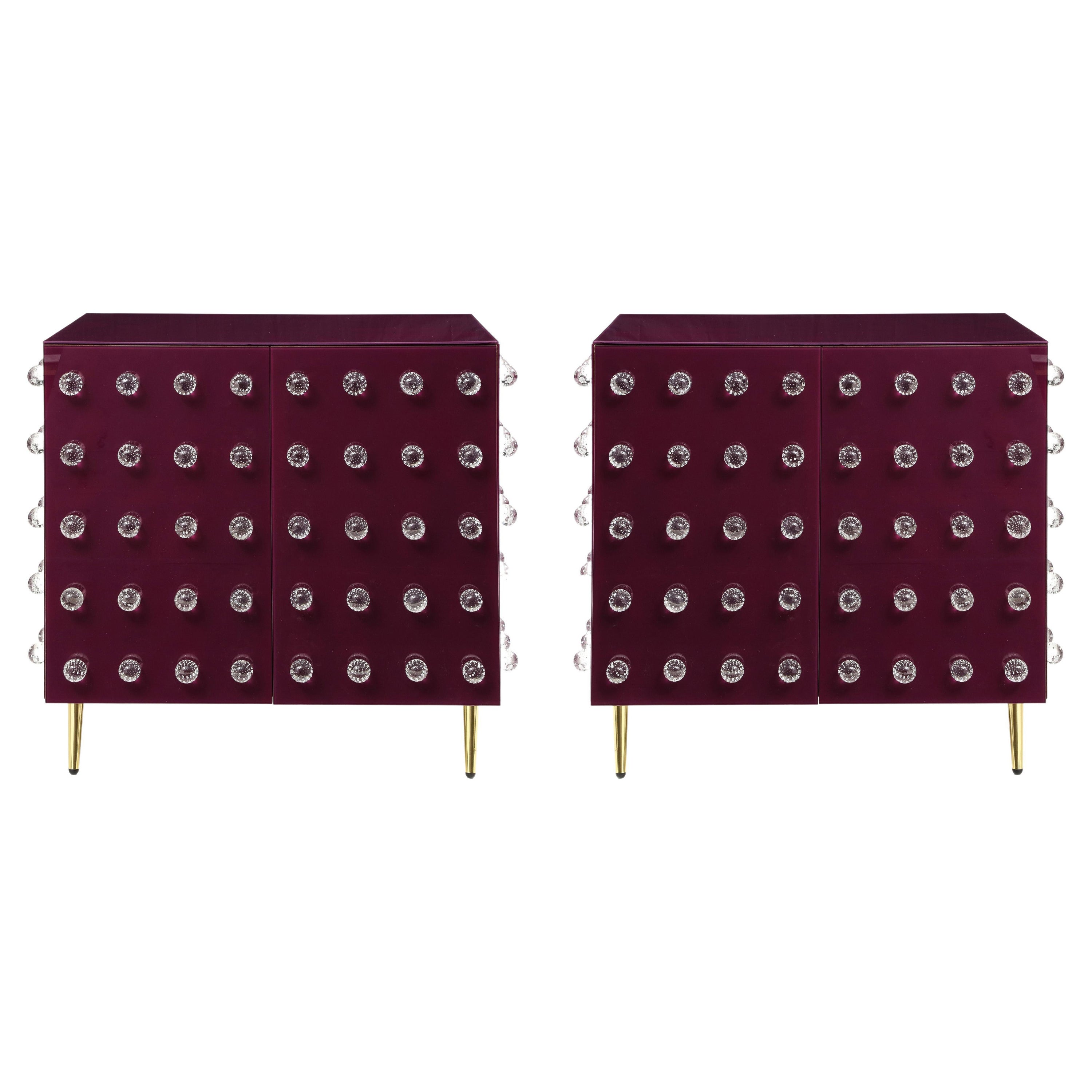 Pair Aubergine Glass with Clear Murano Spheres Cabinets with Brass Legs, Italy For Sale