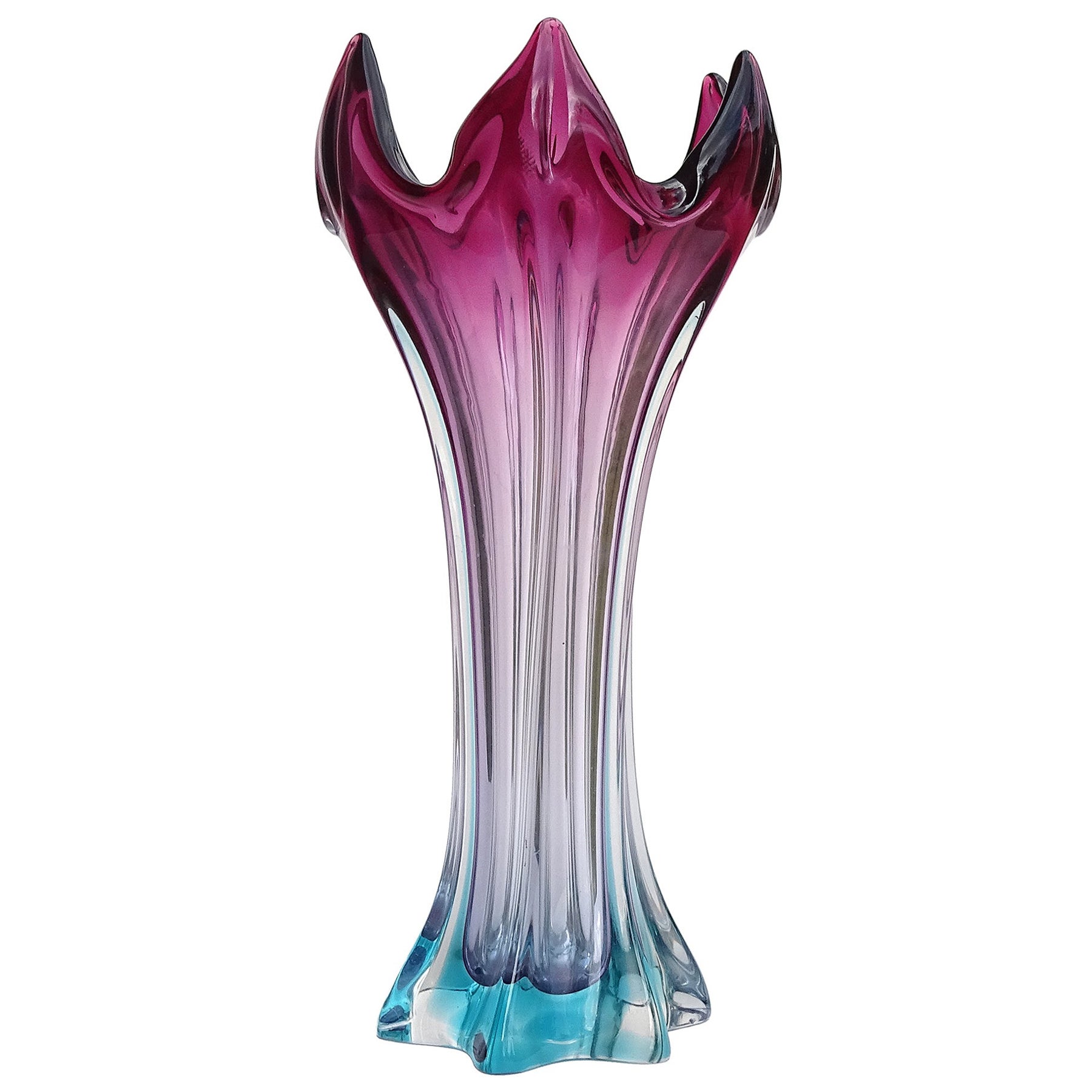 Vase à fleurs abstrait en verre d'art italien Sommerso de Murano, bleu violet