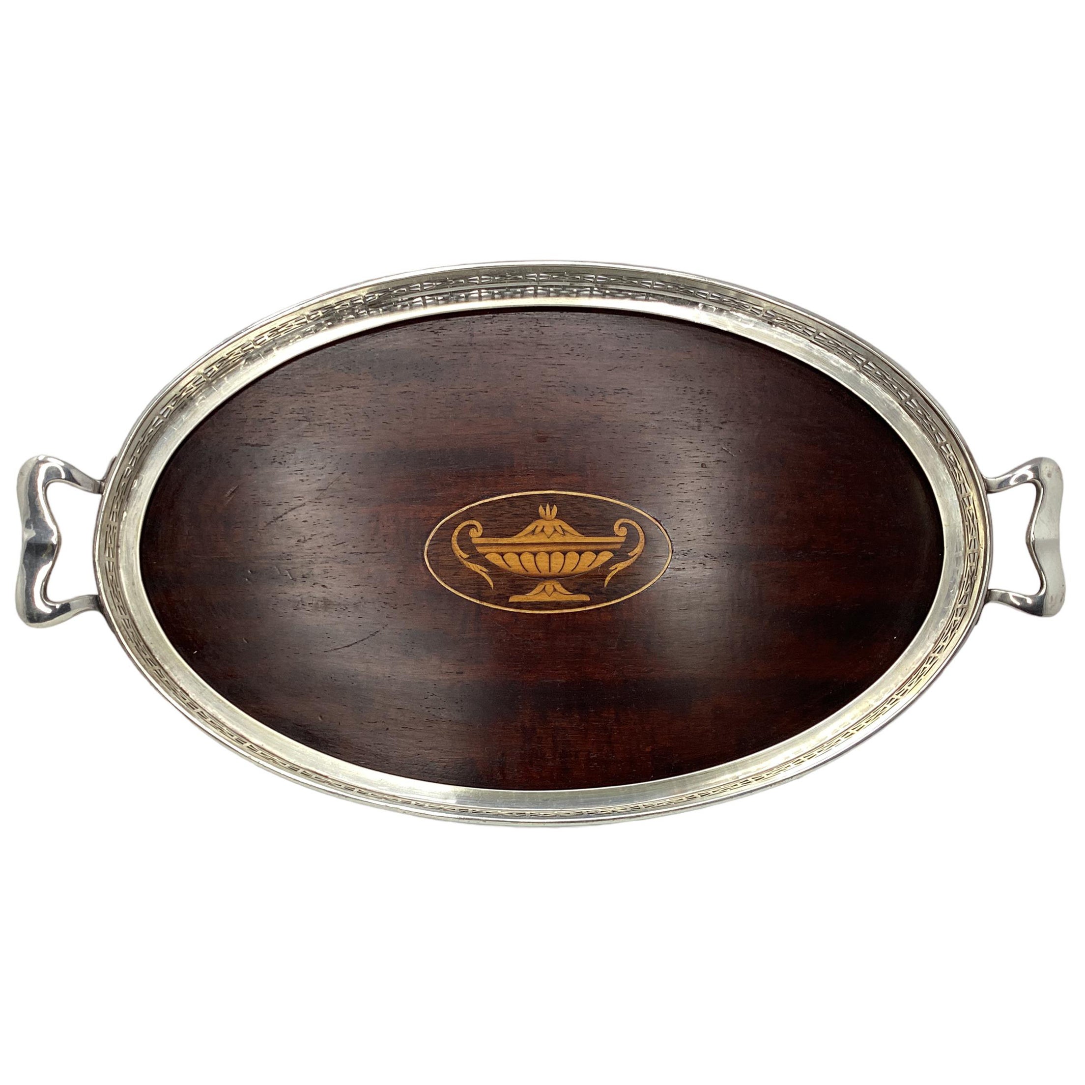Early 20th Century Inlaid Mahogany Serving Tray With Silver Plate Gallery 