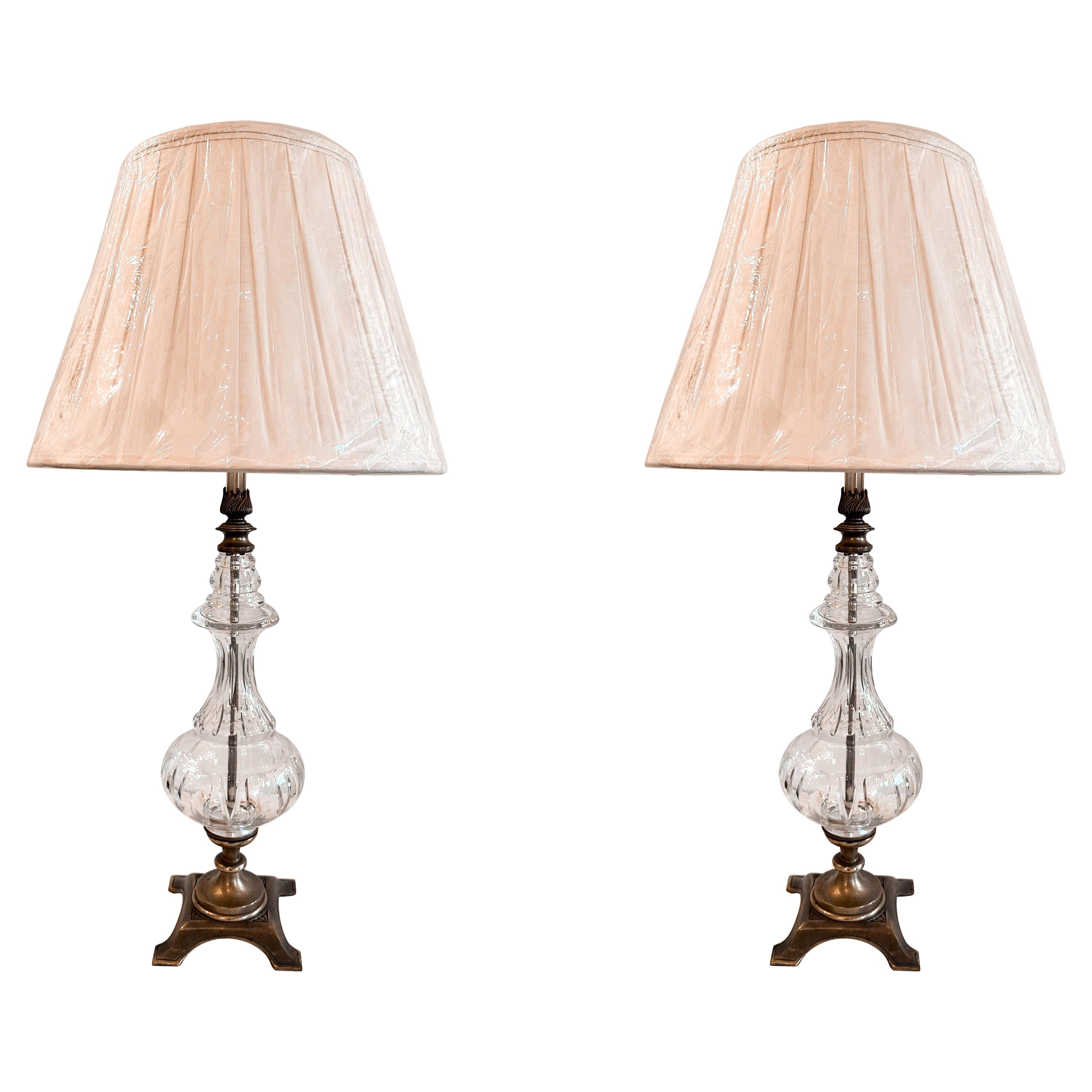 Pair of 1940's Bronze & Crystal Table Lamps w/Shades