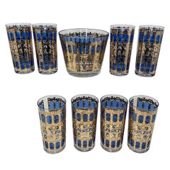 Vintage Culver Cobalt Scroll Cocktail Set, 8 Highball Glasses and Ice Bucket 