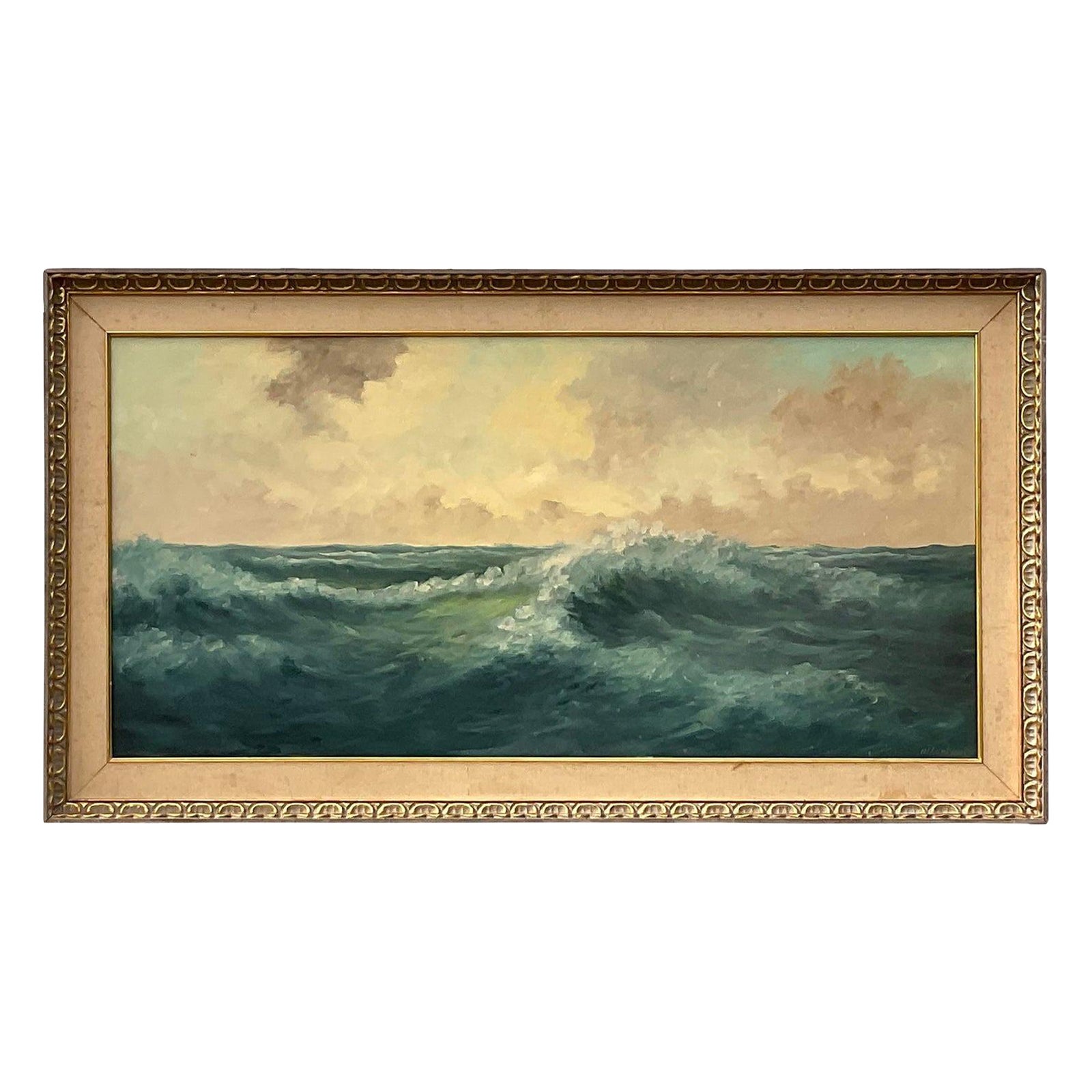 Vintage Coastal Signed Original Oil Seascape Painting of Crash Waves en vente