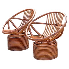 Vintage Coastal Bent Rattan Hoop Lounge Swivel Chairs - a Pair