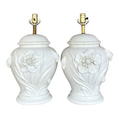 Vintage Boho Glazed Ceramic Floral Lamps - a Pair