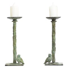 Eulen-Kerzenständer aus Bronzeguss in Verdigris