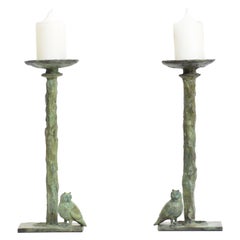 Owl Candlesticks in cast bronze in Verdigris