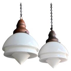 Early 20th Century Matched Pair of Milk Glass Art Deco Light Pendants 