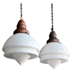 Early 20th Century Matched Pair of Milk Glass Art Deco Light Pendants