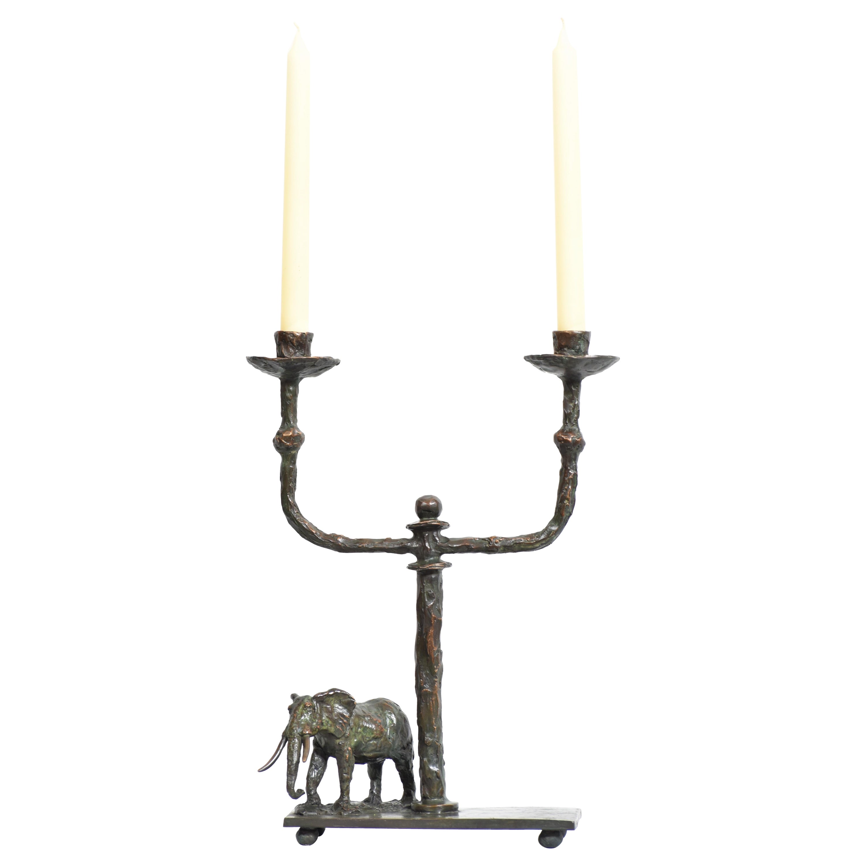 Elephant Candelabra in cast bronze featuring bronze sculpture of elephant bull For Sale