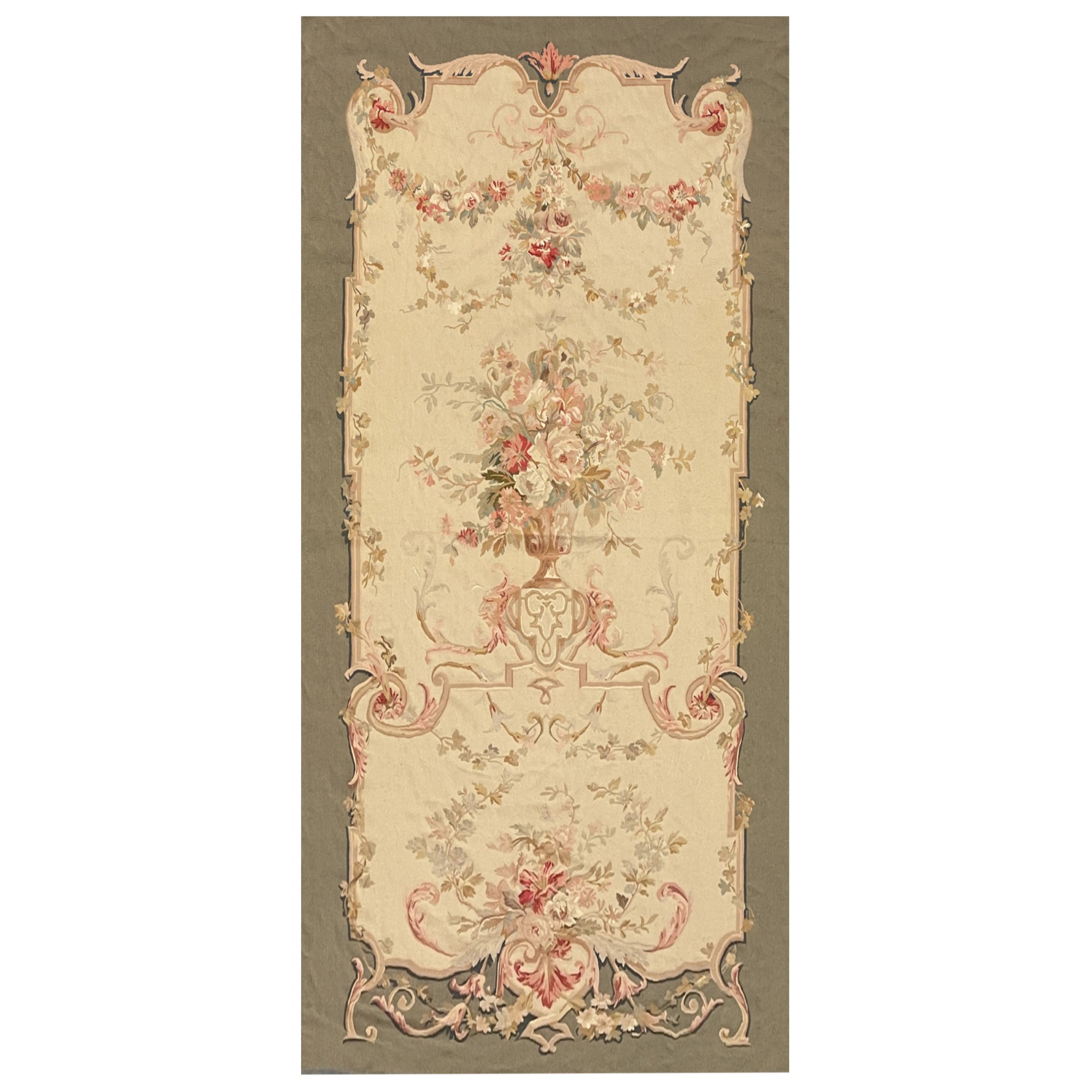 Traditional Green Baige Rug Carpet Aubusson Style Area Rug Wool Handwoven Runner For Sale