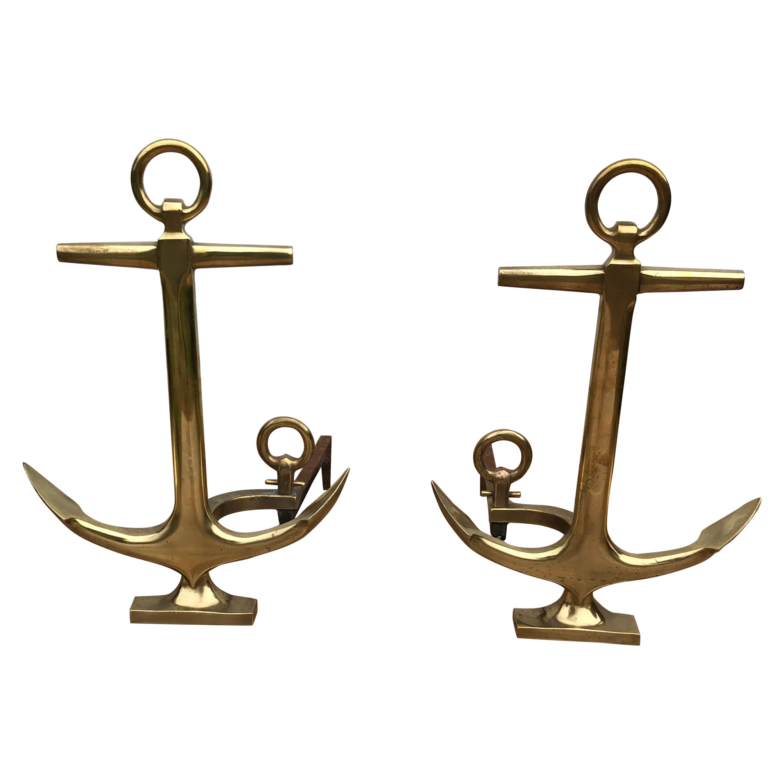 Pair of Brass Anchor Andirons by Rostand