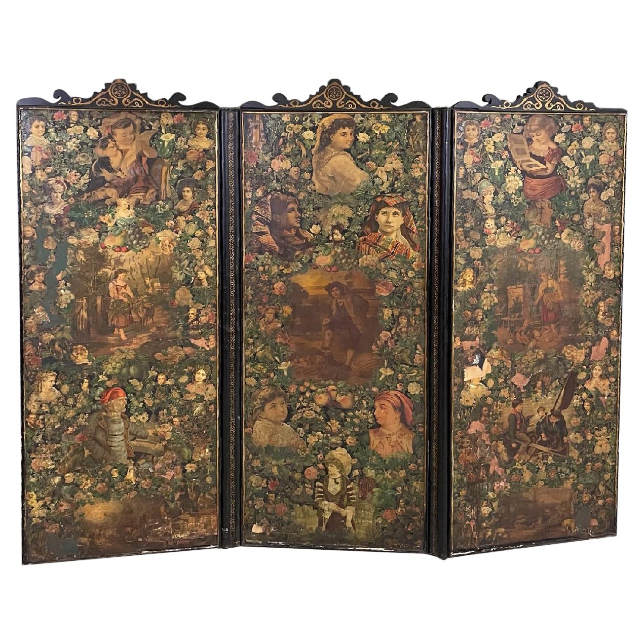 Paravent anglais en bois avec portraits et collage floral, années 1800 en vente