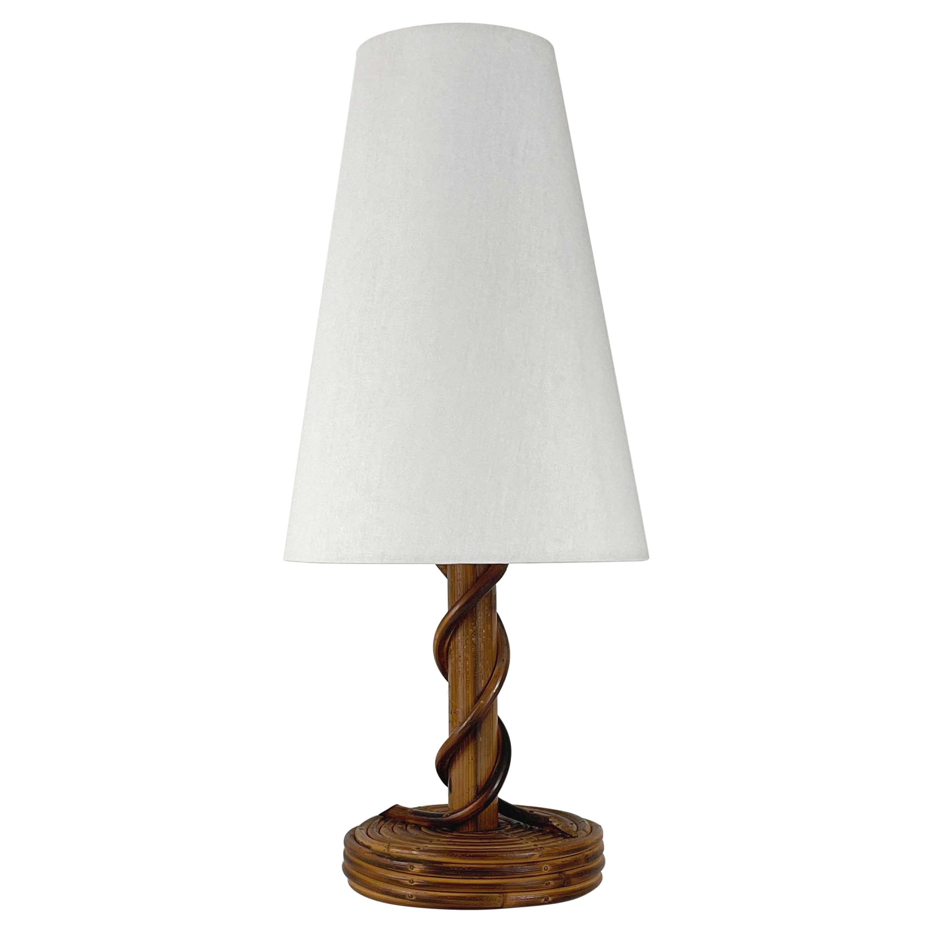 Louis SOGNOT Rattan Bamboo Fabric Table Lamp, France 1950s For Sale