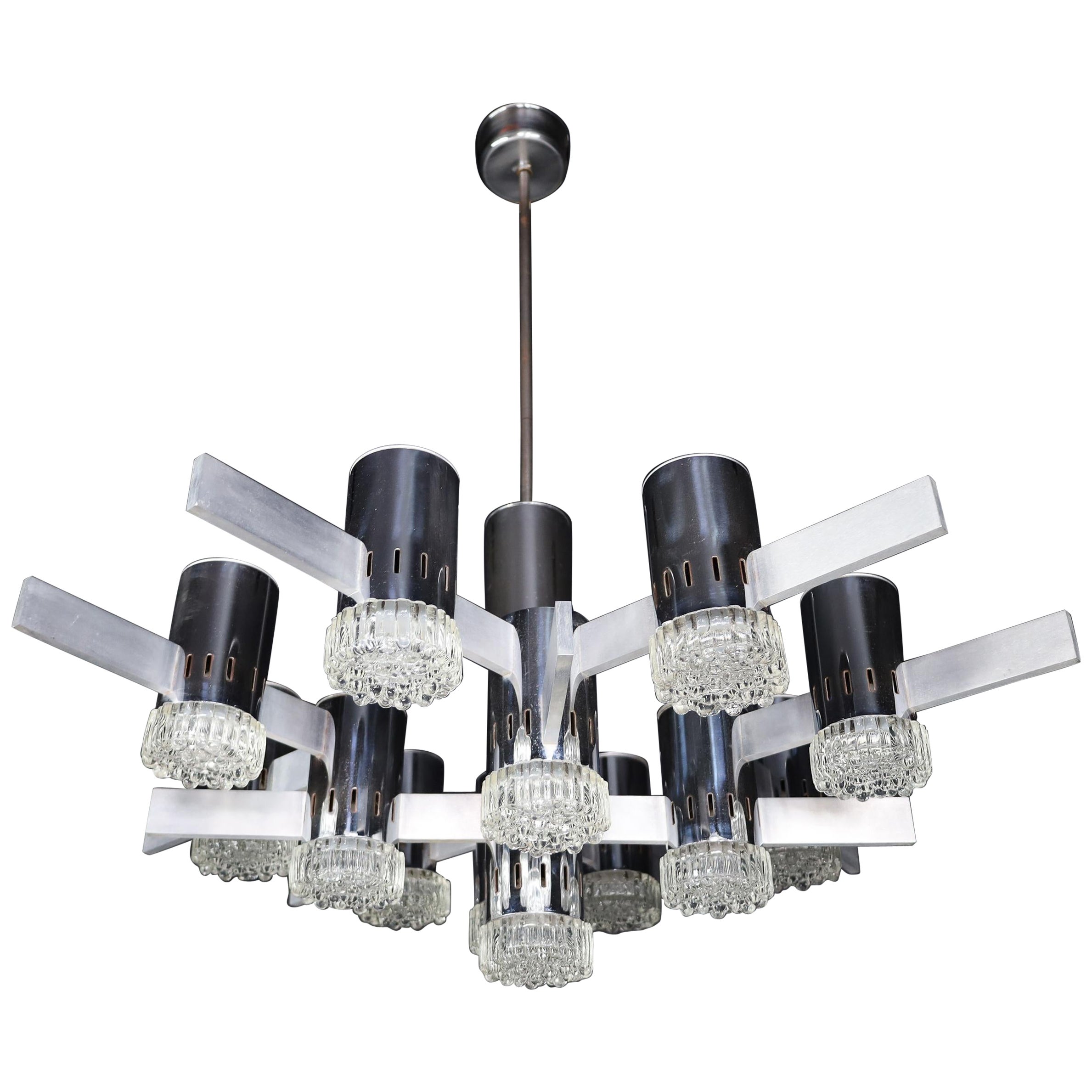 Gaetano Sciolari XXL Chandelier with chrome and aluminium fixture, Italy, 1970s For Sale