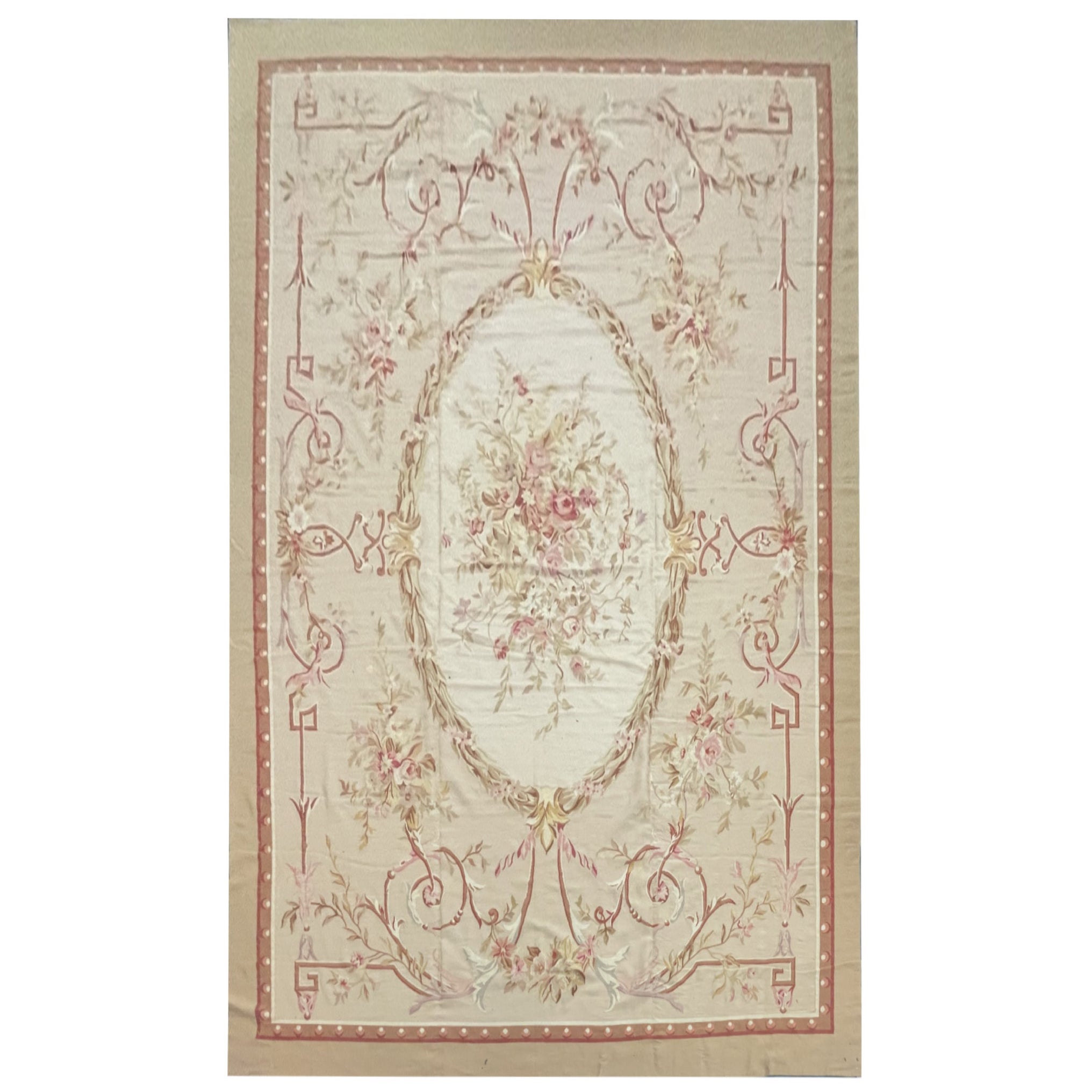 Rococo Aubusson Rug Beige Pink Handwoven Carpet Wool Livingroom Rug Home Decor For Sale